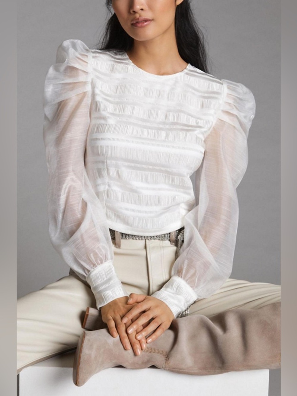 DOLAN Anthropologie White Textured Puff Sleeve Blouse Size L NWT